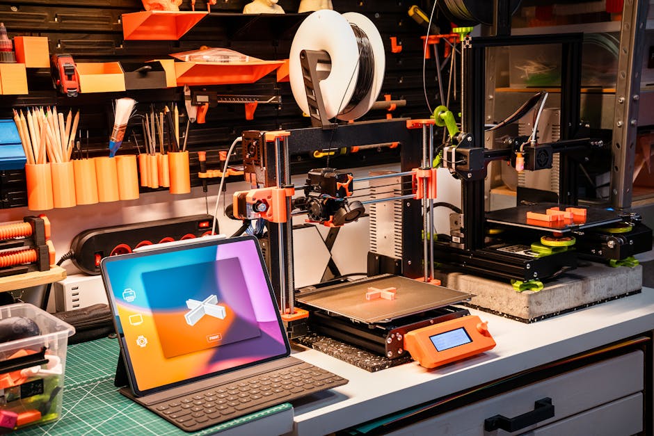 A high-tech workshop featuring 3D printers and a tablet on a desk, showcasing modern innovation
